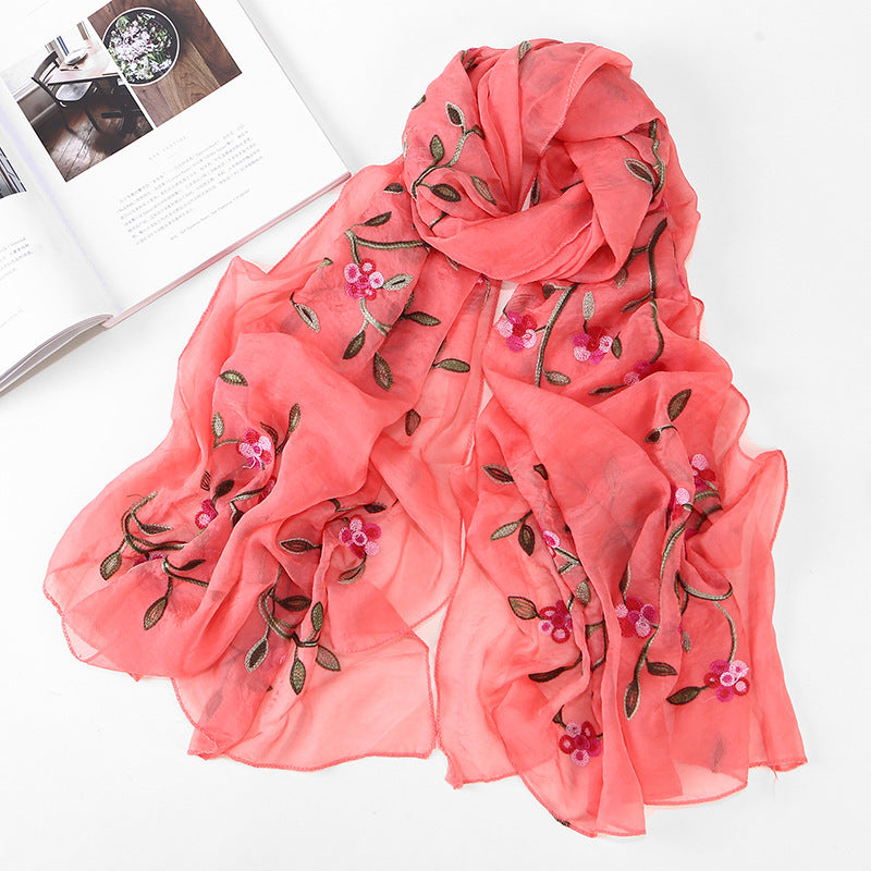 Women's Chiffon Flower Embroidered Silk Scarf Beach Shawl