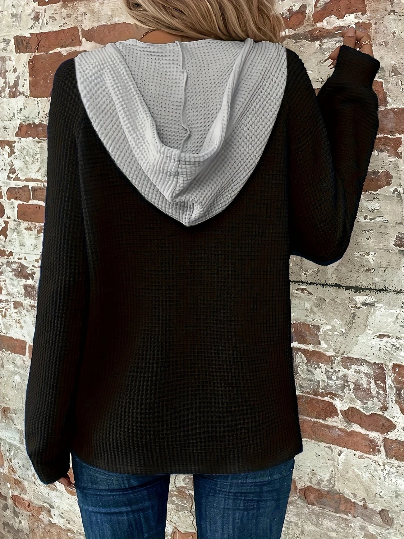 Color Block Button Front Drawstring Hoodie