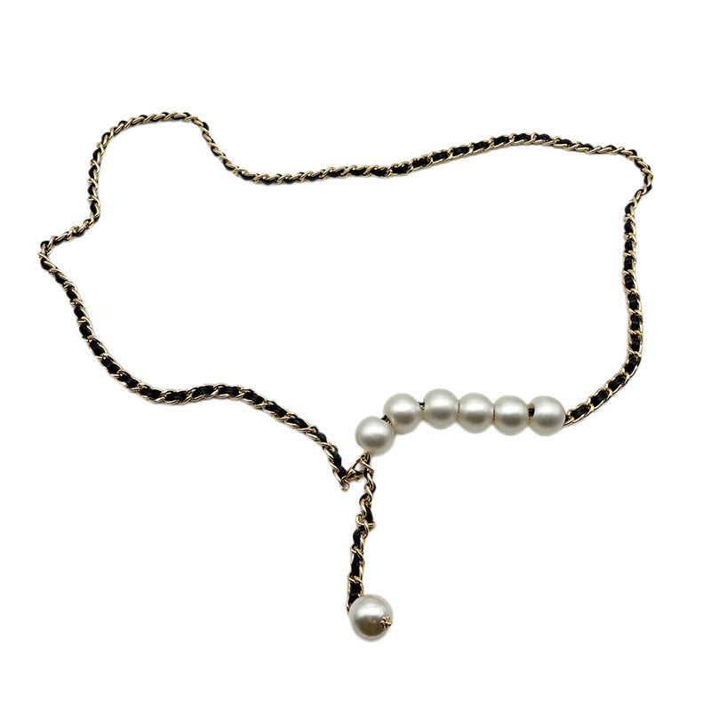Elegant And Fashionable Pearl Metal Braided Waist Chain Belt