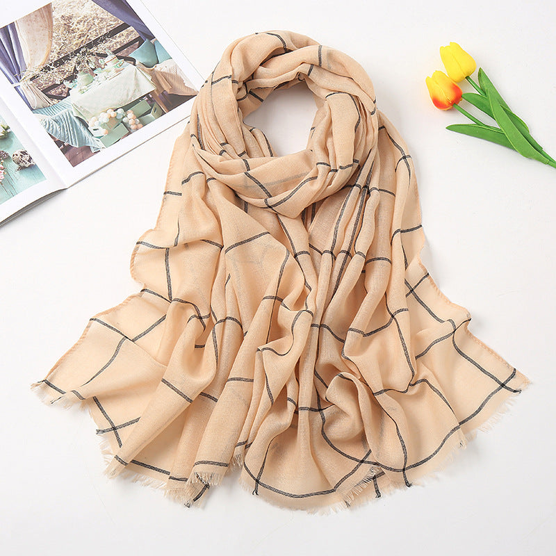 Checked Striped Cotton Linen Scarf