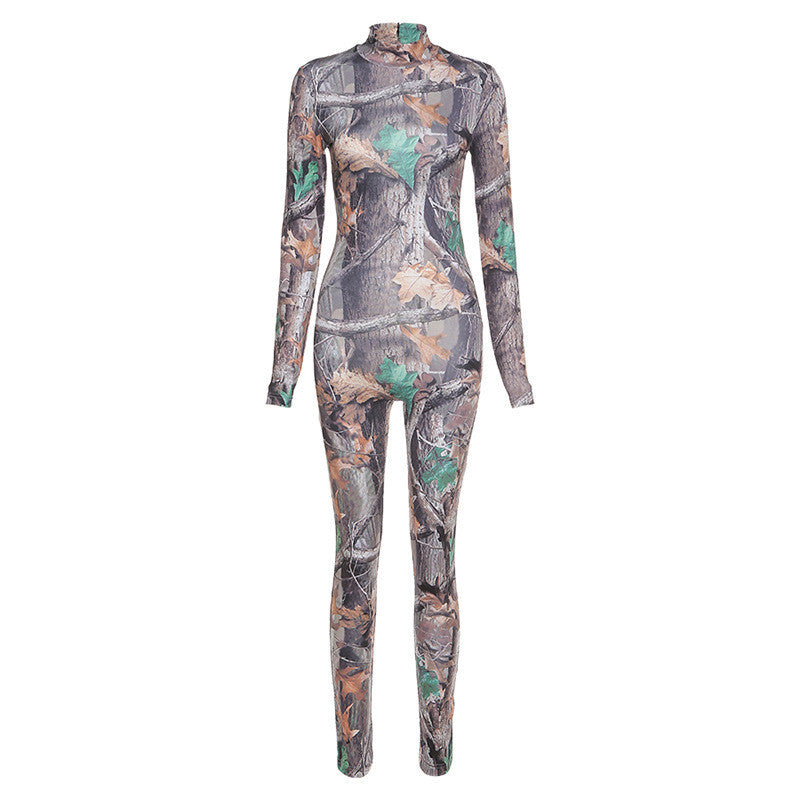 Retro print tight and hip lifting long sleeve Jumpsuit