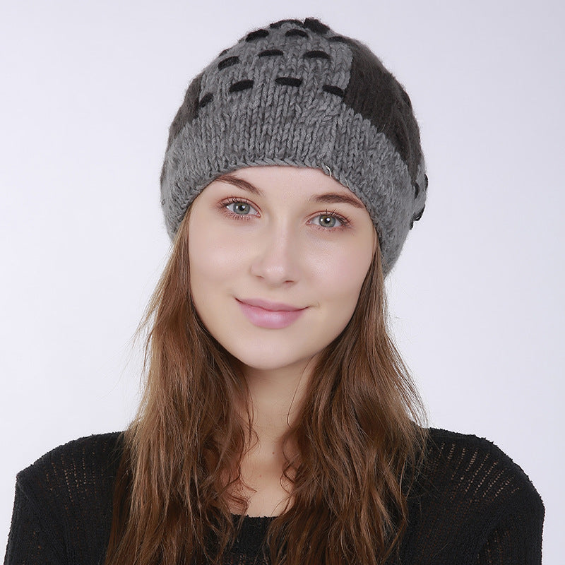 Women Patch Pleated Acrylic Stuffed Hand-woven Knit Thick Folds Warm Outdoor Wool Cute Hair Ball Hat