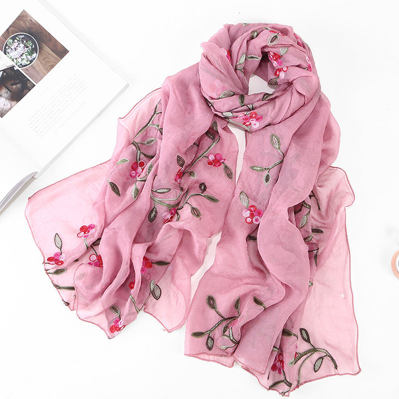 Women's Chiffon Flower Embroidered Silk Scarf Beach Shawl