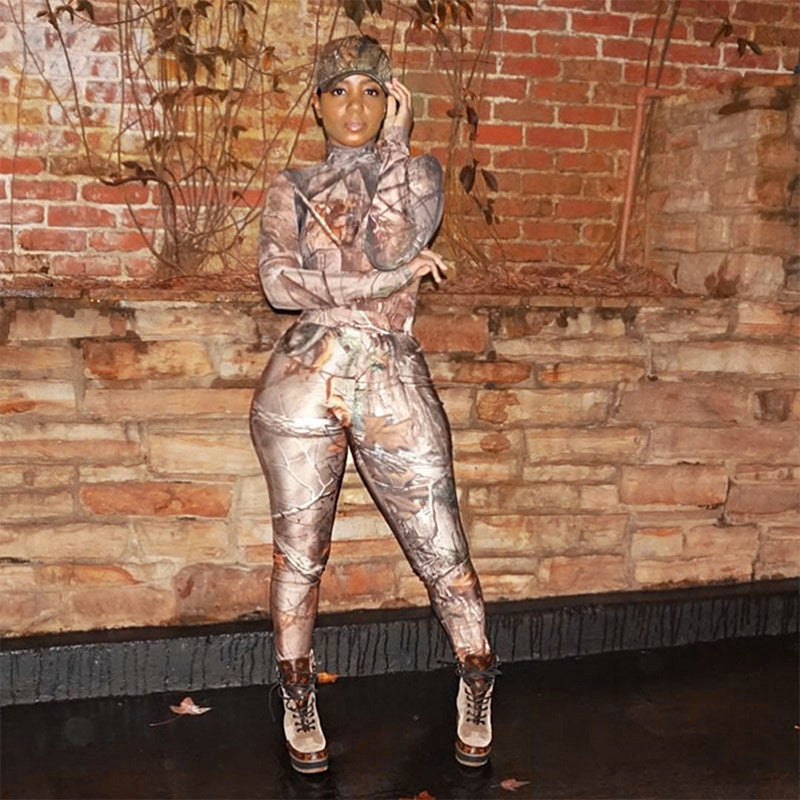 Retro print tight and hip lifting long sleeve Jumpsuit