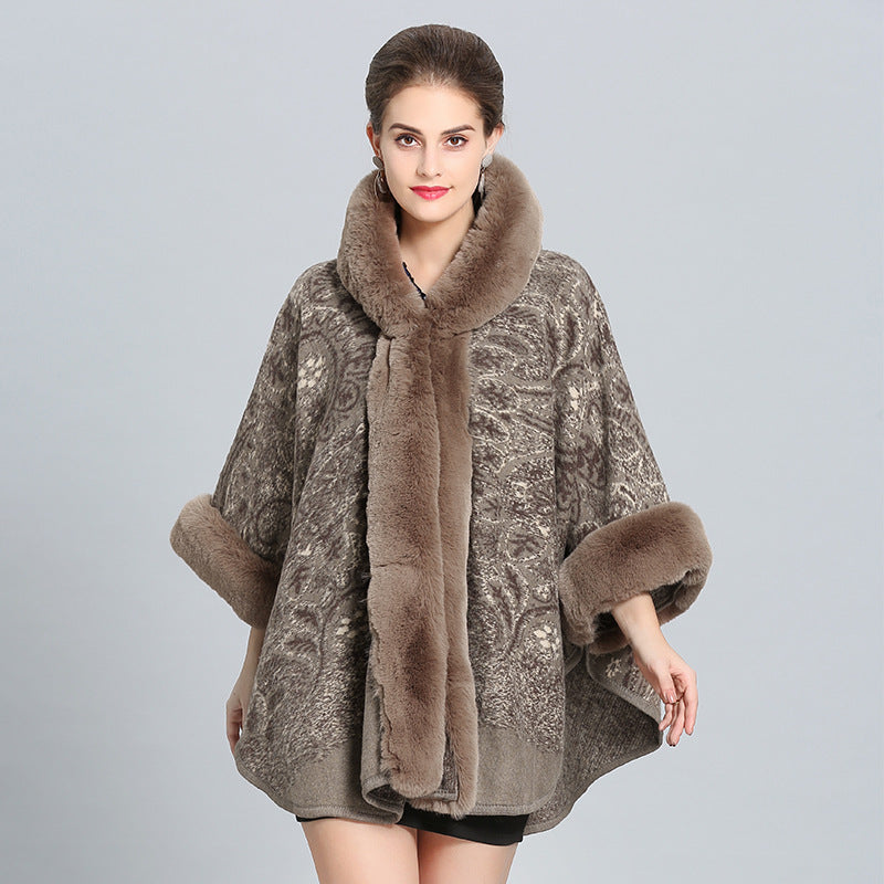 Autumn And Winter Hooded Shawl Cloak Fox Fur Collar All-match Woolen Coat