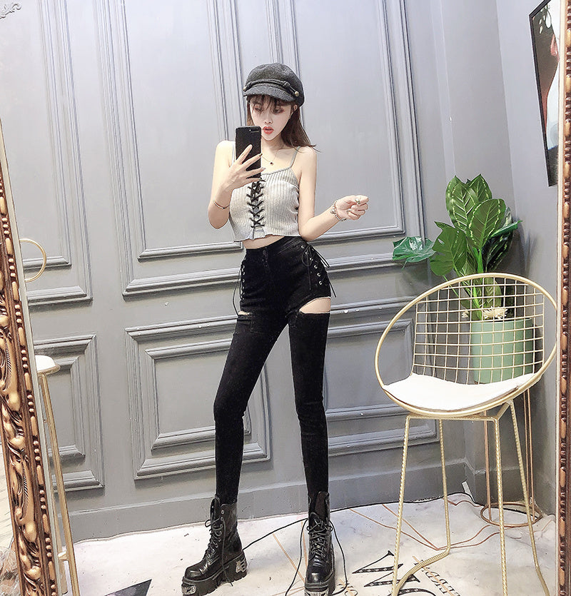 Slim-fit Slim-leg Pants With Zipper Decoration And Split Jeans