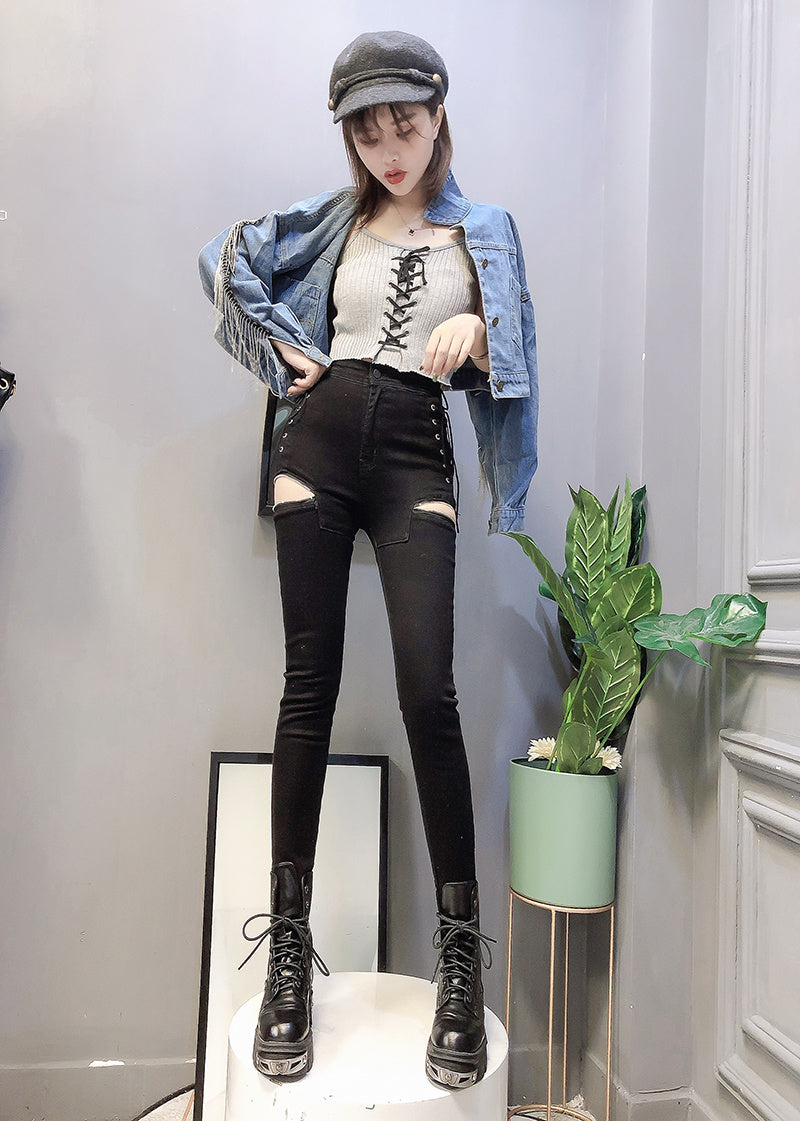 Slim-fit Slim-leg Pants With Zipper Decoration And Split Jeans