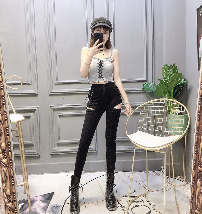 Slim-fit Slim-leg Pants With Zipper Decoration And Split Jeans
