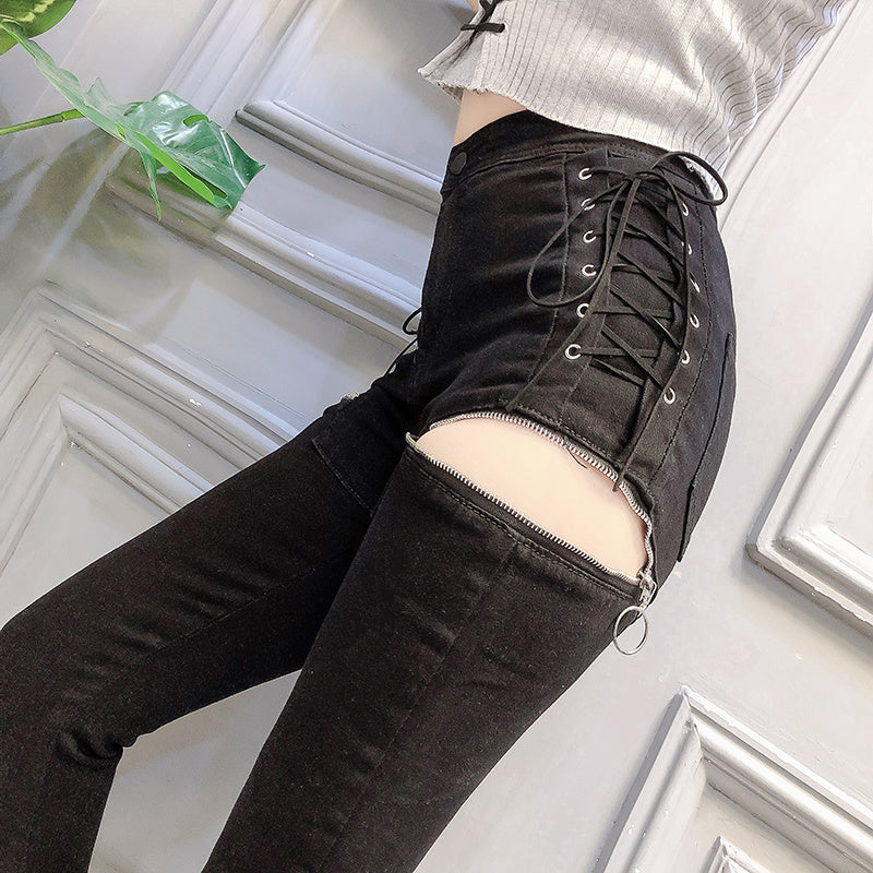 Slim-fit Slim-leg Pants With Zipper Decoration And Split Jeans