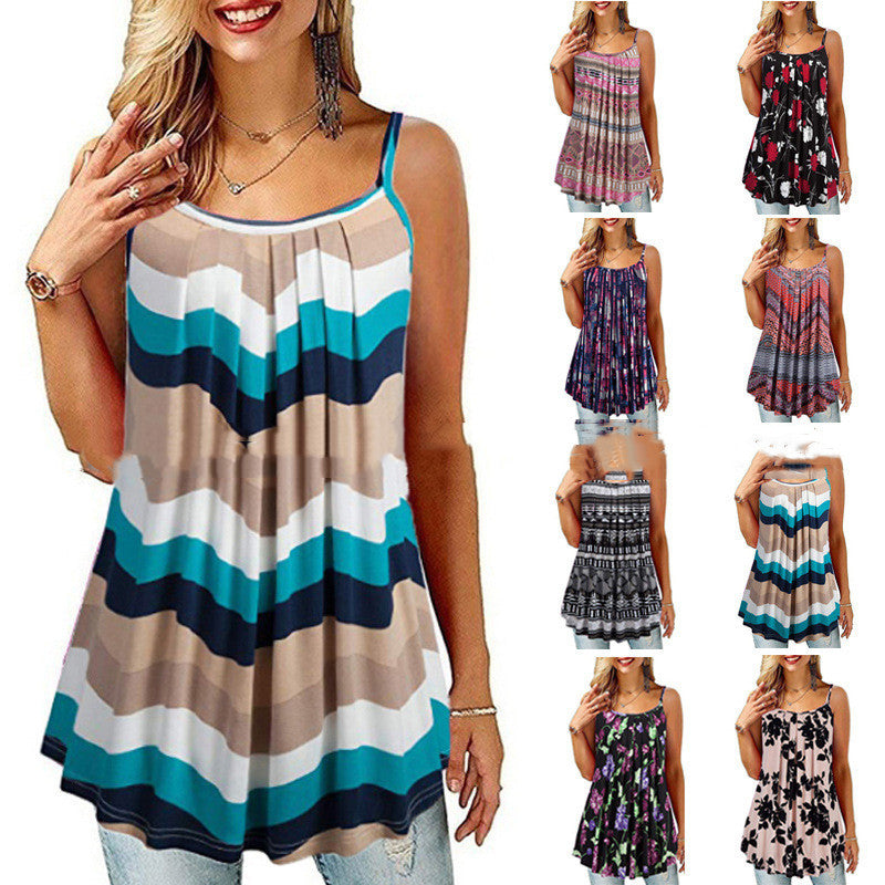 New Summer Women's Printed Folded Large Swing Loose Camisole