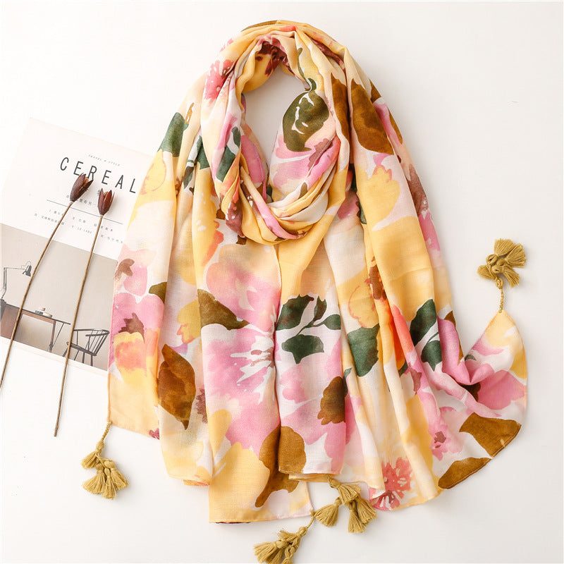 New Blooming Color Cotton And Linen Feel Scarf Soft Shawl