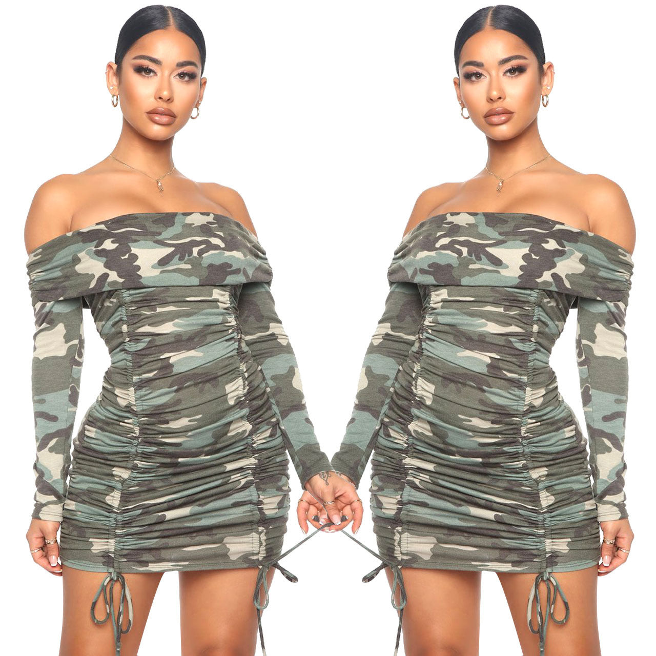 Cross-border Women's Dress with Printed Pleated Neckline