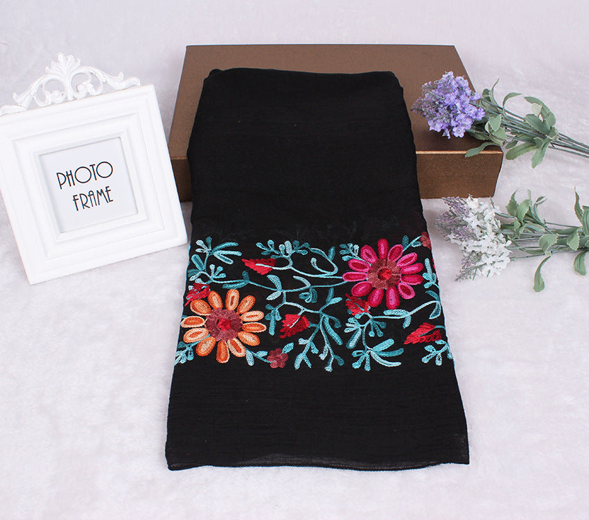 Ethnic Style Embroidered Floral Scarf Shawl Sunscreen Silk Female