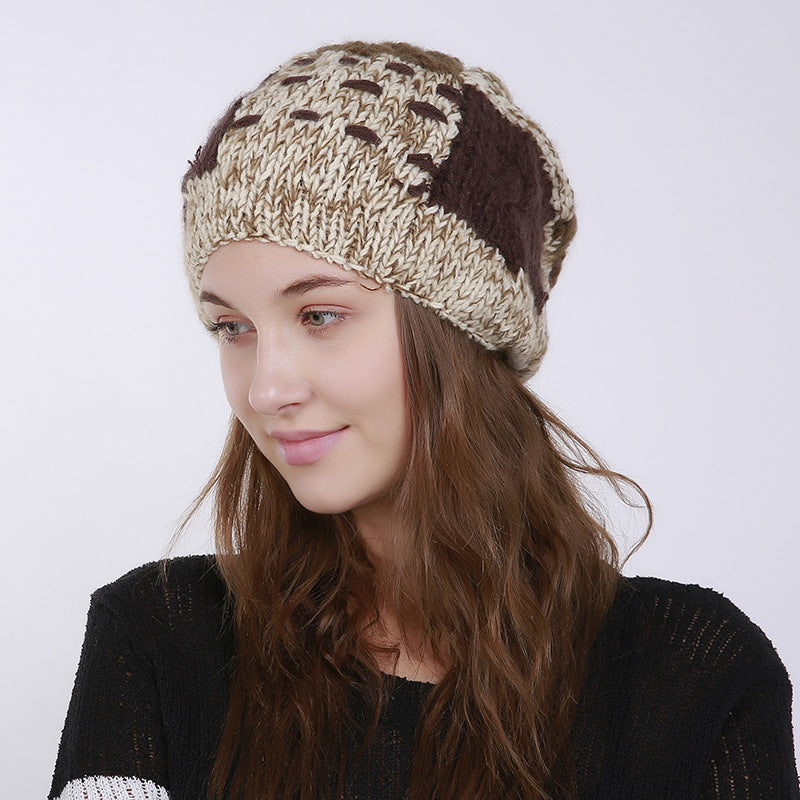 Women Patch Pleated Acrylic Stuffed Hand-woven Knit Thick Folds Warm Outdoor Wool Cute Hair Ball Hat
