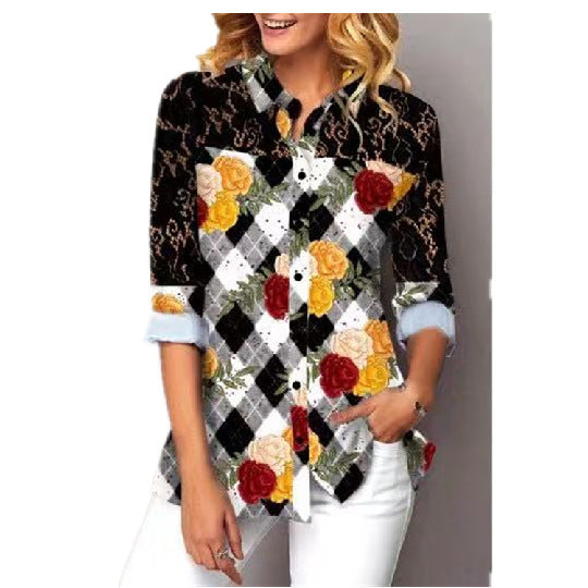Flower print lace stitching cardigan