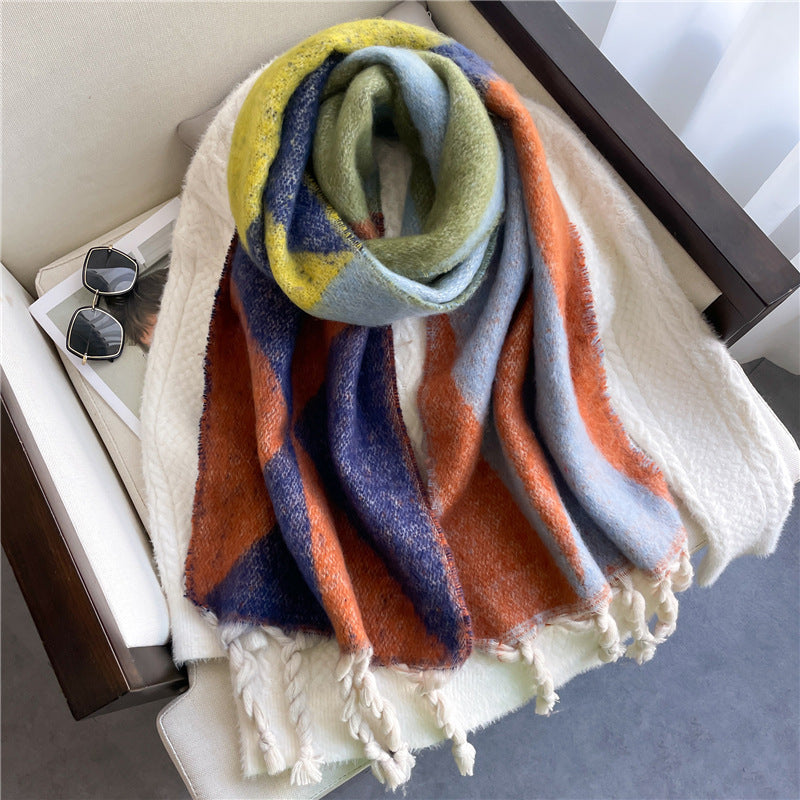 Thickened Warm Geometric Triangle Color Matching Scarf In Winter