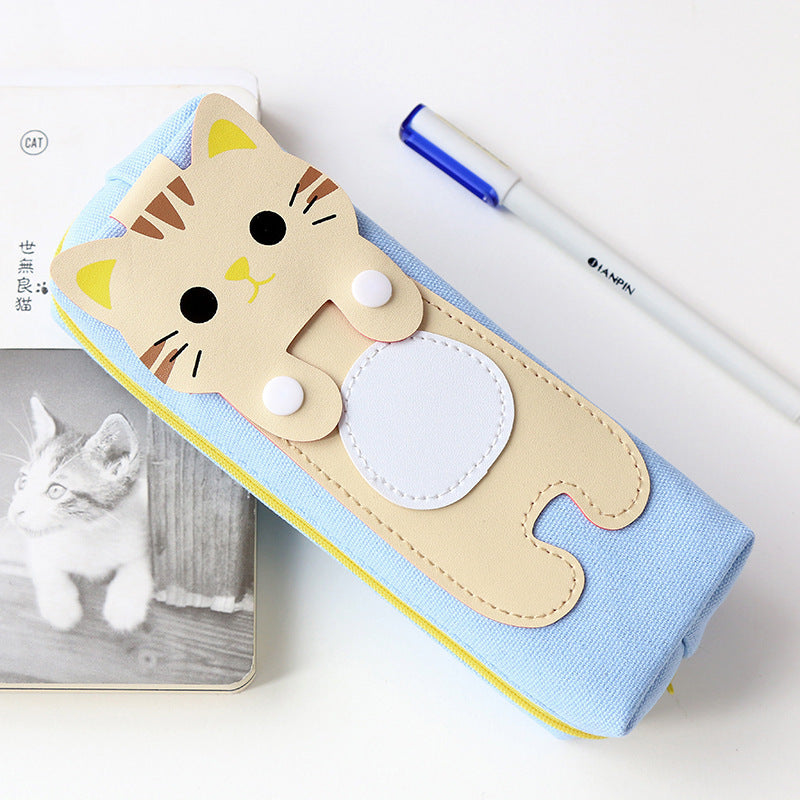 Korean version of the cute and simple creative cat cartoon canvas pencil bag female students large capacity zipper pencil case pencil case
