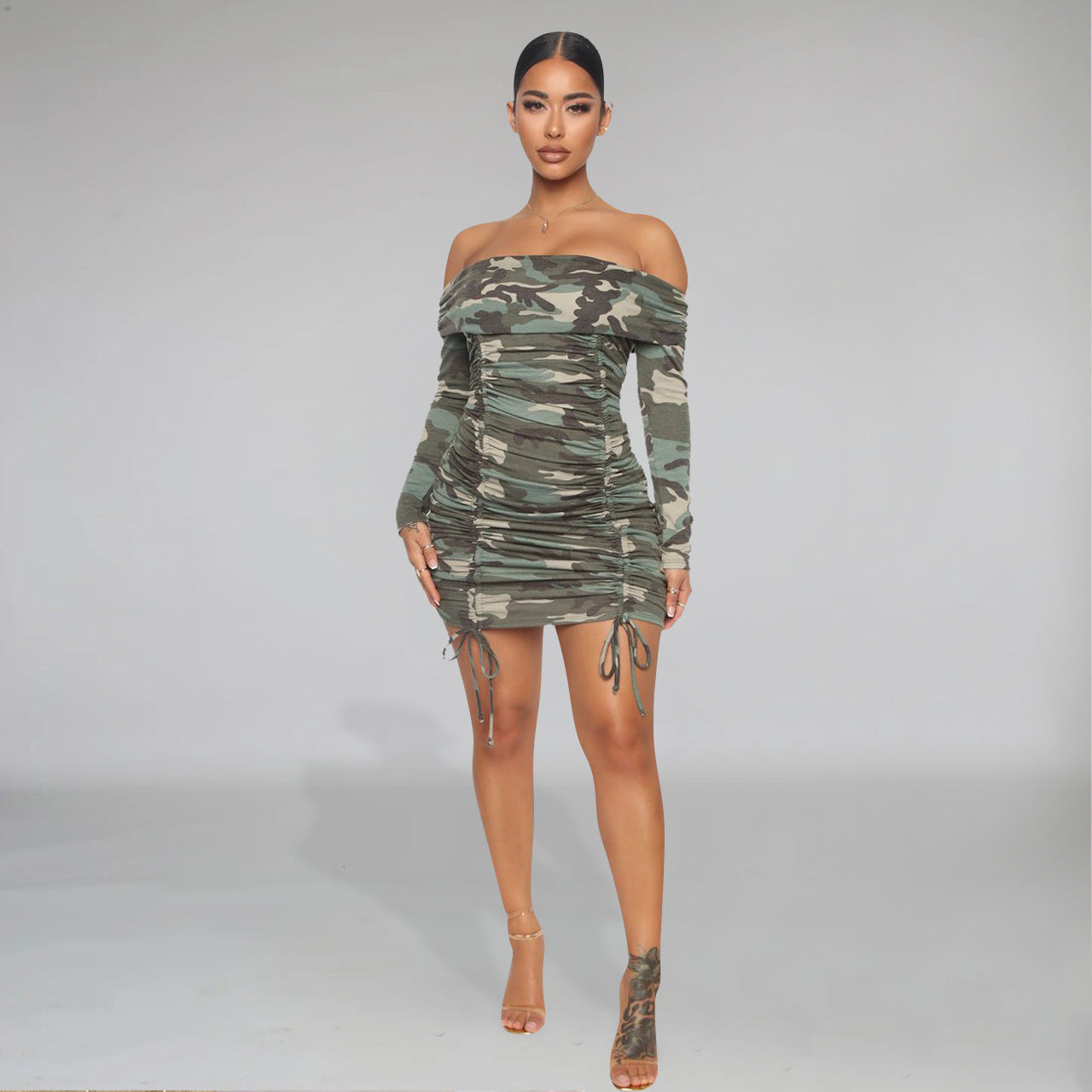 Cross-border Women's Dress with Printed Pleated Neckline