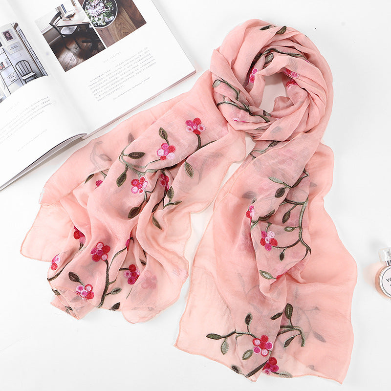 Women's Chiffon Flower Embroidered Silk Scarf Beach Shawl