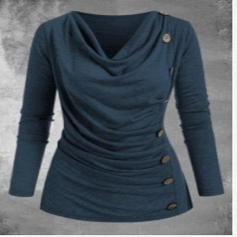 Multi-Fold Collar Casual Fashion Long-Sleeved T-Shirt