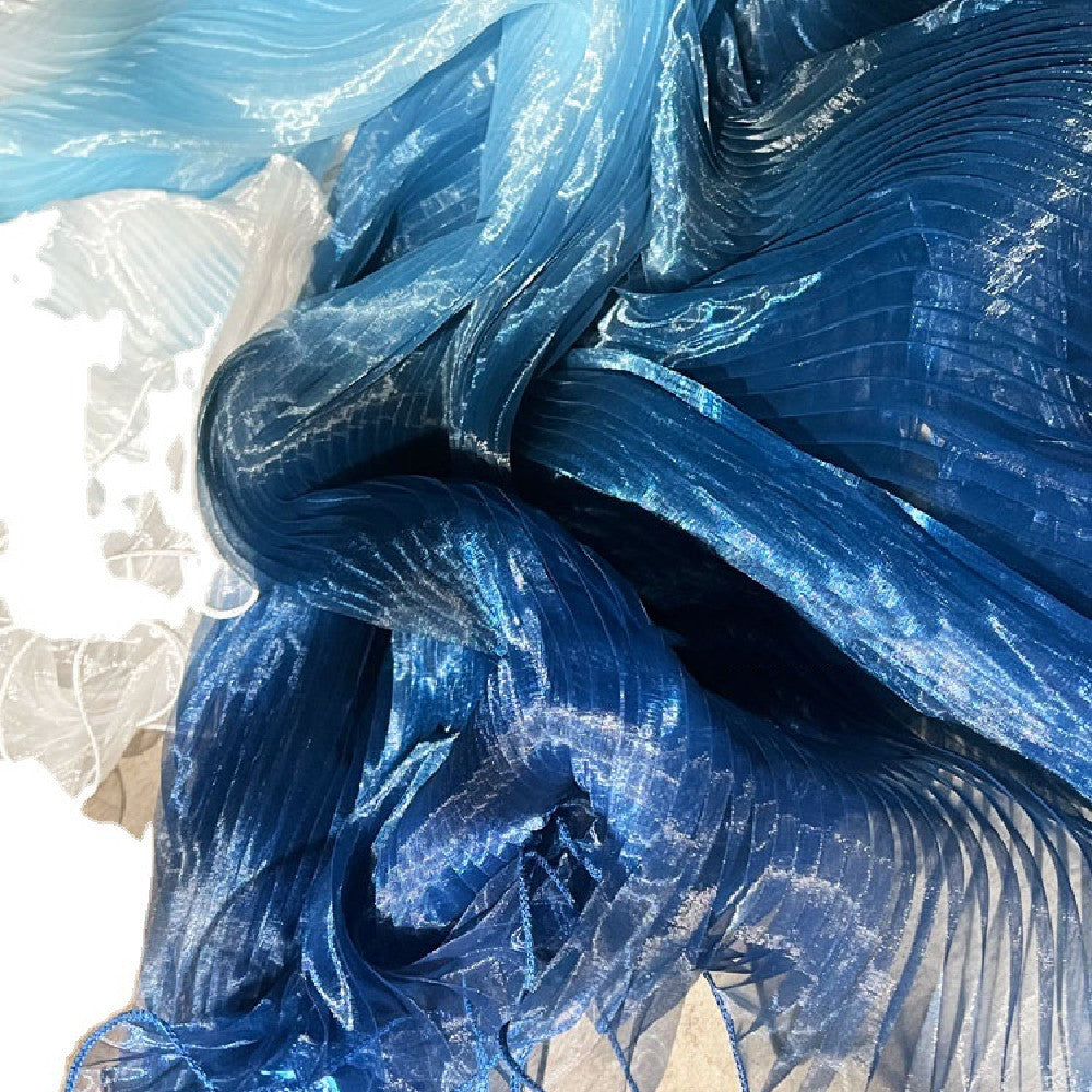 Blue Gradient Organ Pleated Large Wave Laser Organza Water Light Yarn Pleated Gown Fabric Designer Fabric