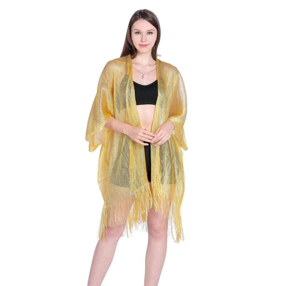 Gold And Silver Ribbon Sleeve Split Shawl Holiday Bikini Blouse Sunscreen Clothes
