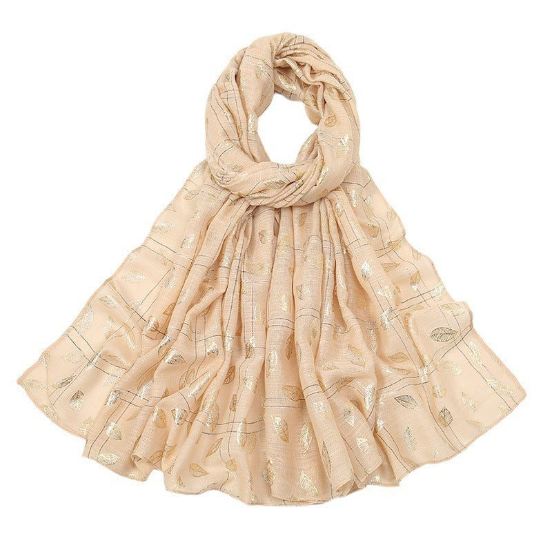 Leaves Bronzing Cotton And Linen Feel Scarf Thin