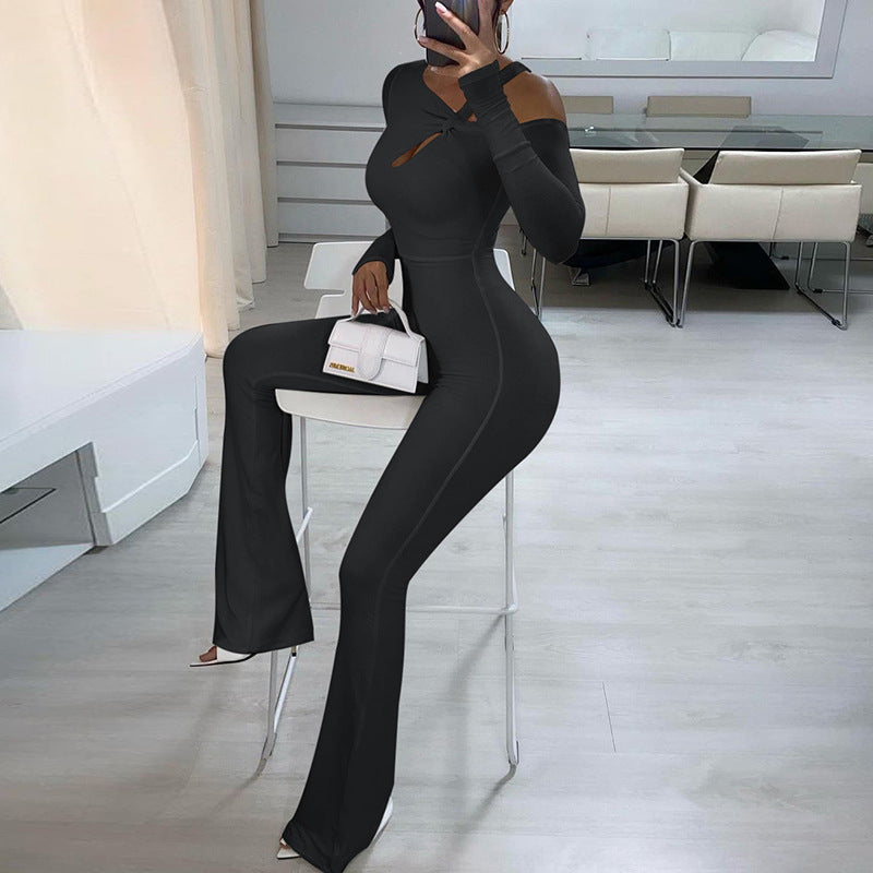 Asymmetrical Strapless Jumpsuit Women's Winter Slim Temperament Simple Flared Pants