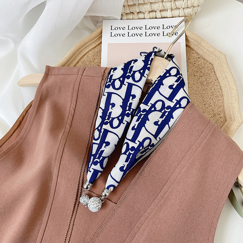 Magnetic Buckle Pearl Lazy Little Silk Scarf Female Neck Protection Decoration