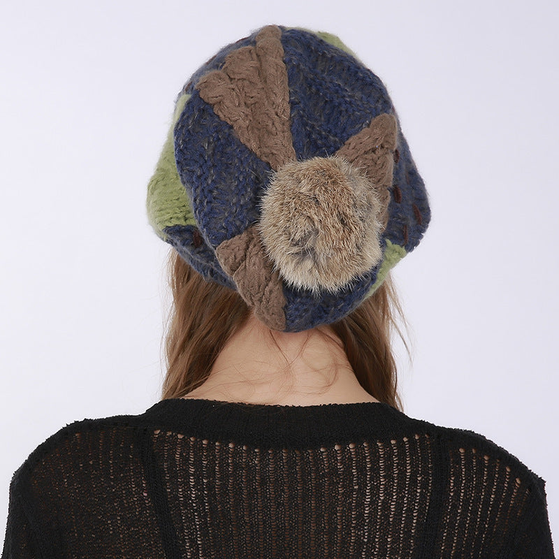 Women Patch Pleated Acrylic Stuffed Hand-woven Knit Thick Folds Warm Outdoor Wool Cute Hair Ball Hat