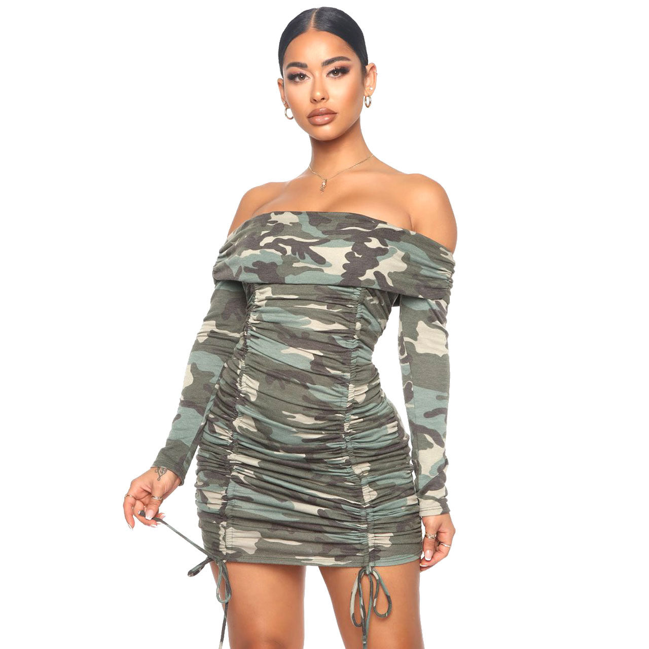 Cross-border Women's Dress with Printed Pleated Neckline