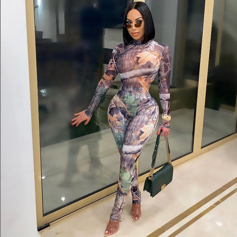 Retro print tight and hip lifting long sleeve Jumpsuit