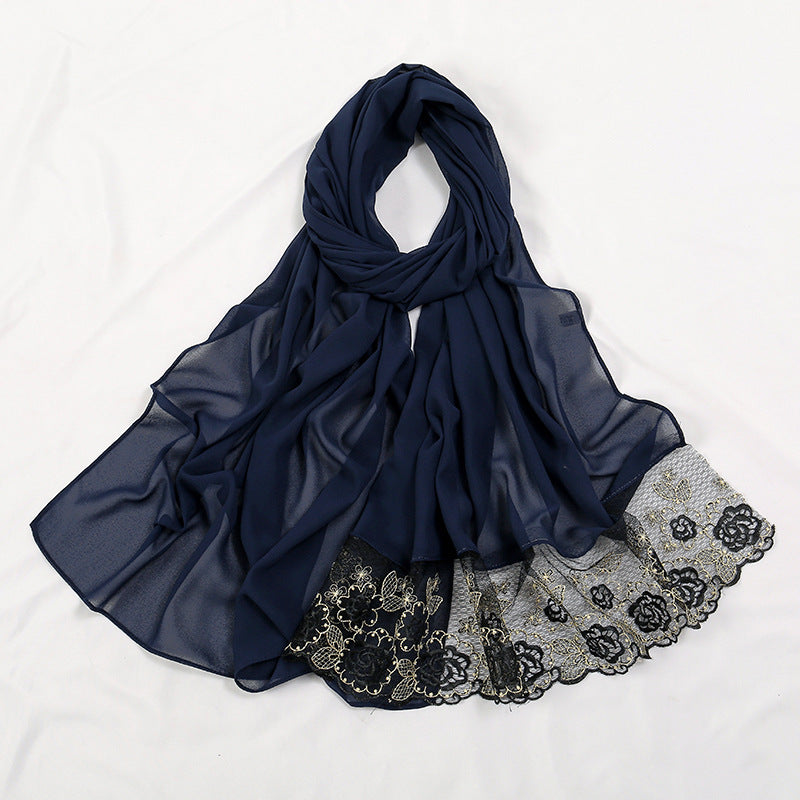 Flower Lace Pearl Chiffon Scarf