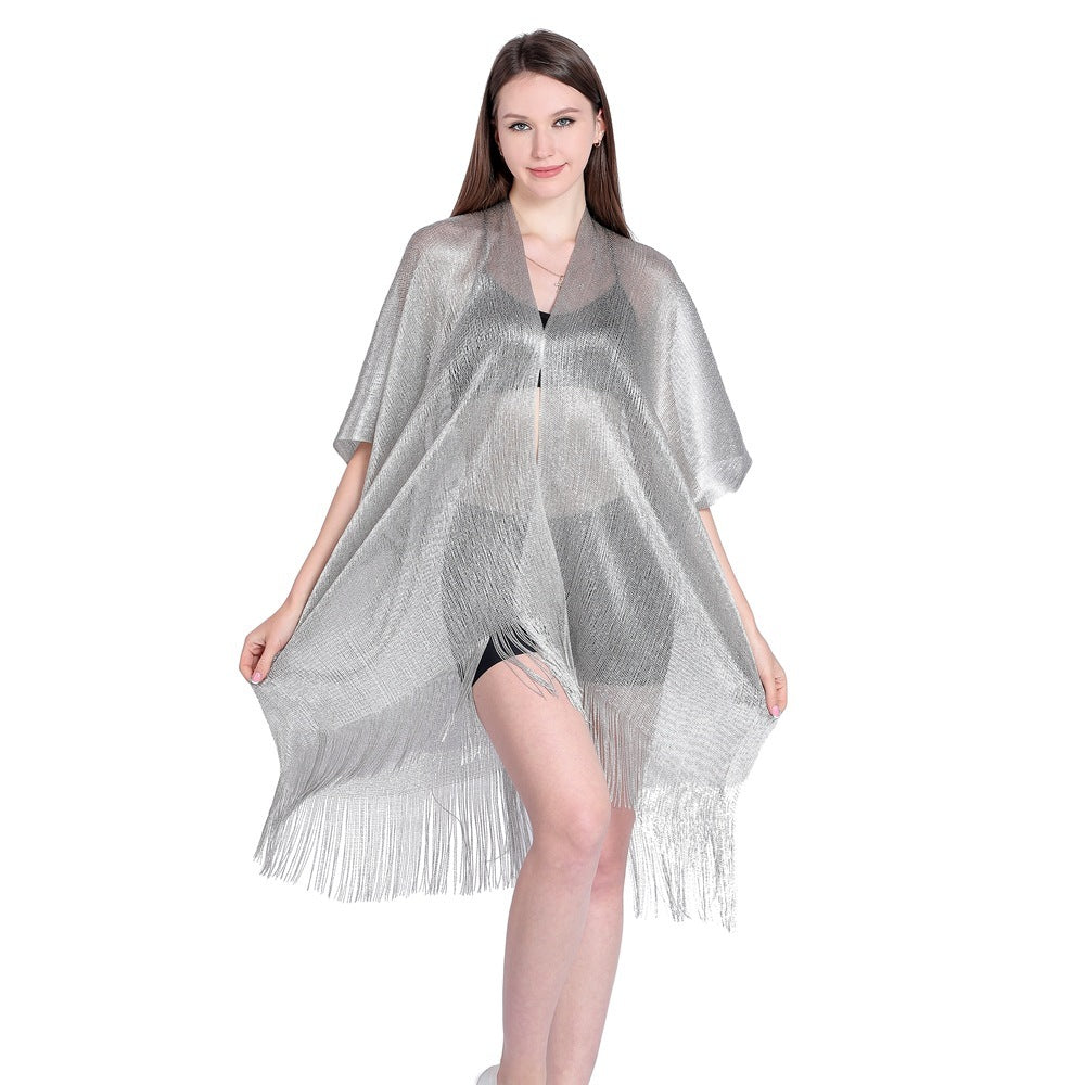 Gold And Silver Ribbon Sleeve Split Shawl Holiday Bikini Blouse Sunscreen Clothes