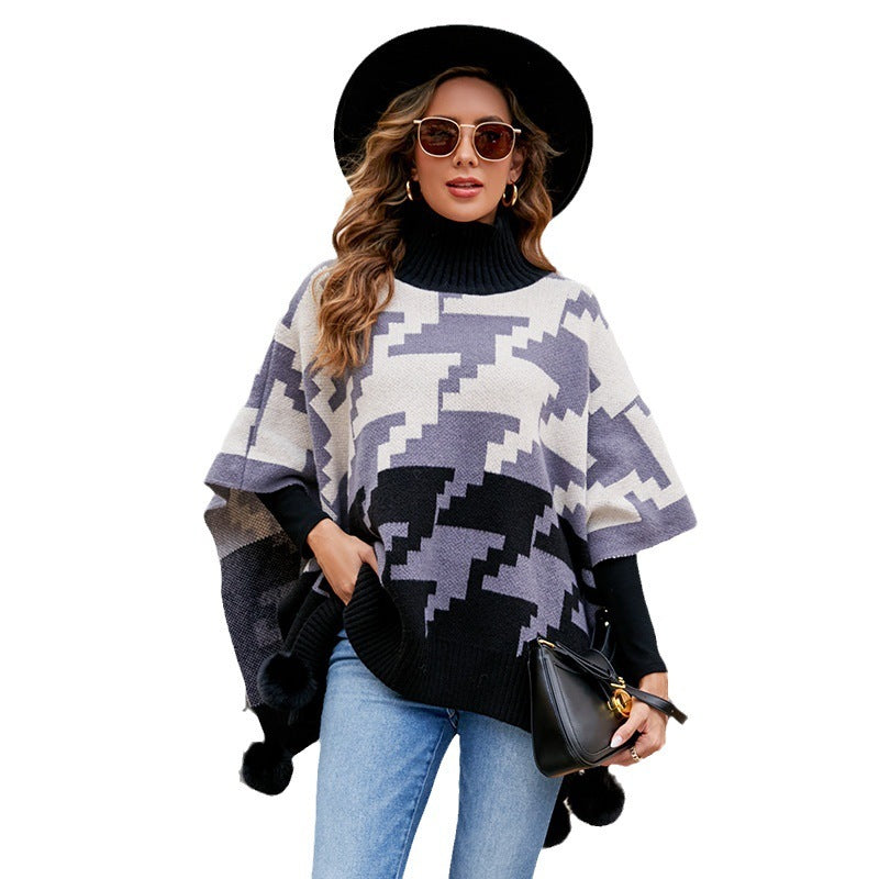 Contrast Color Turtleneck Fur Ball Warm Foreign Trade Fashion Shawl Cape Women
