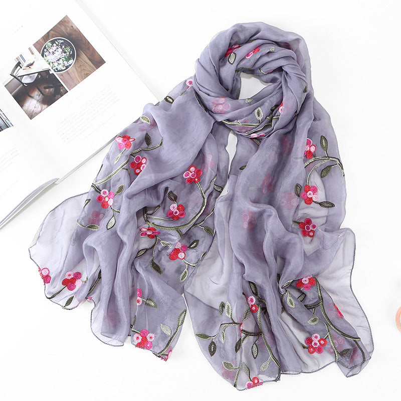 Women's Chiffon Flower Embroidered Silk Scarf Beach Shawl