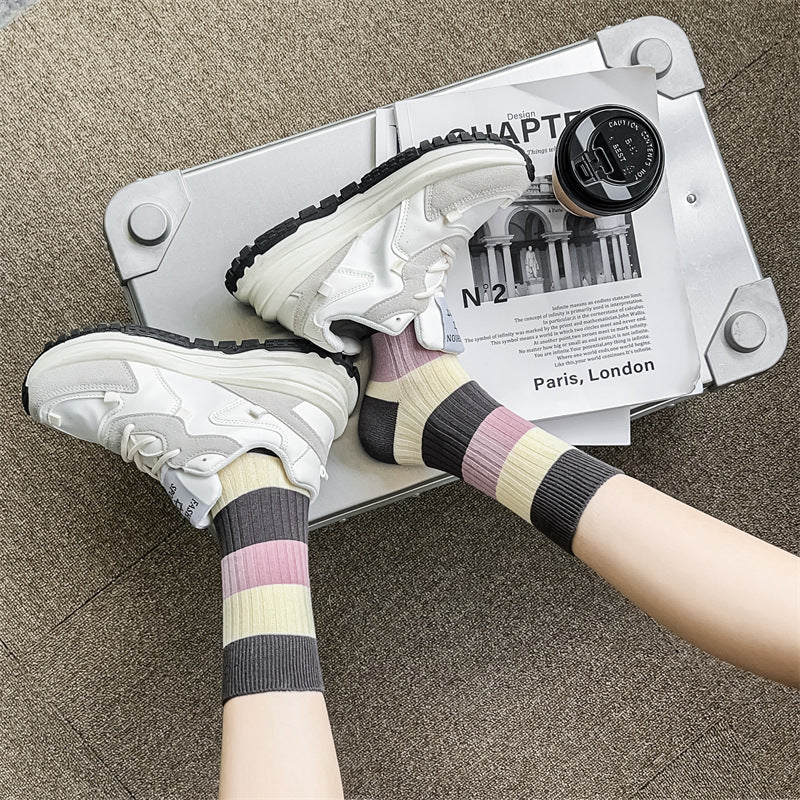Coffee Striped Letter Mid Tube Women's Cotton Socks