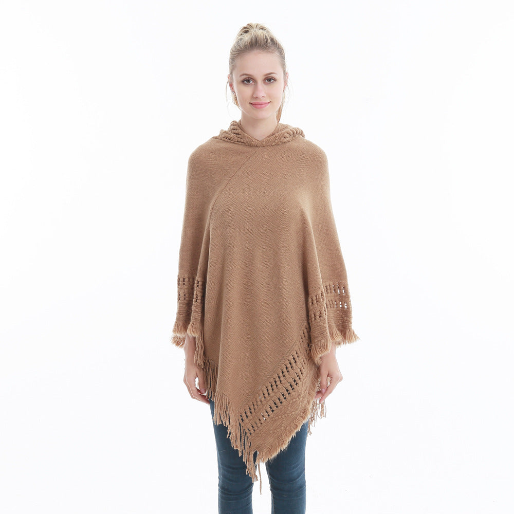 Autumn And Winter Knitted Hooded Cloak Shawl