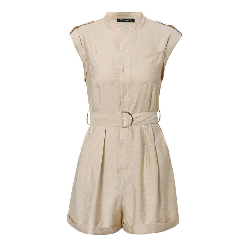 Casual pocket jumpsuit solid color sleeveless belt tide overalls
