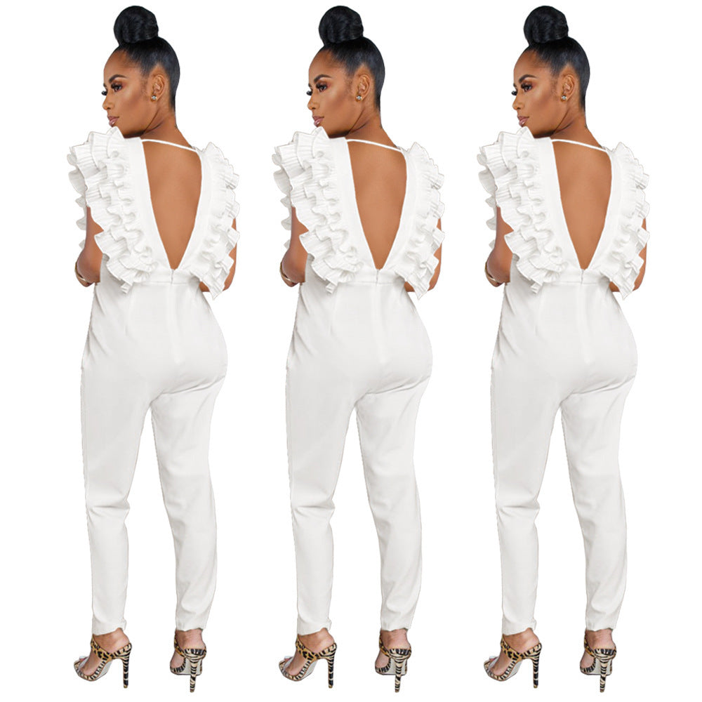 Deep V-neck solid color jumpsuit