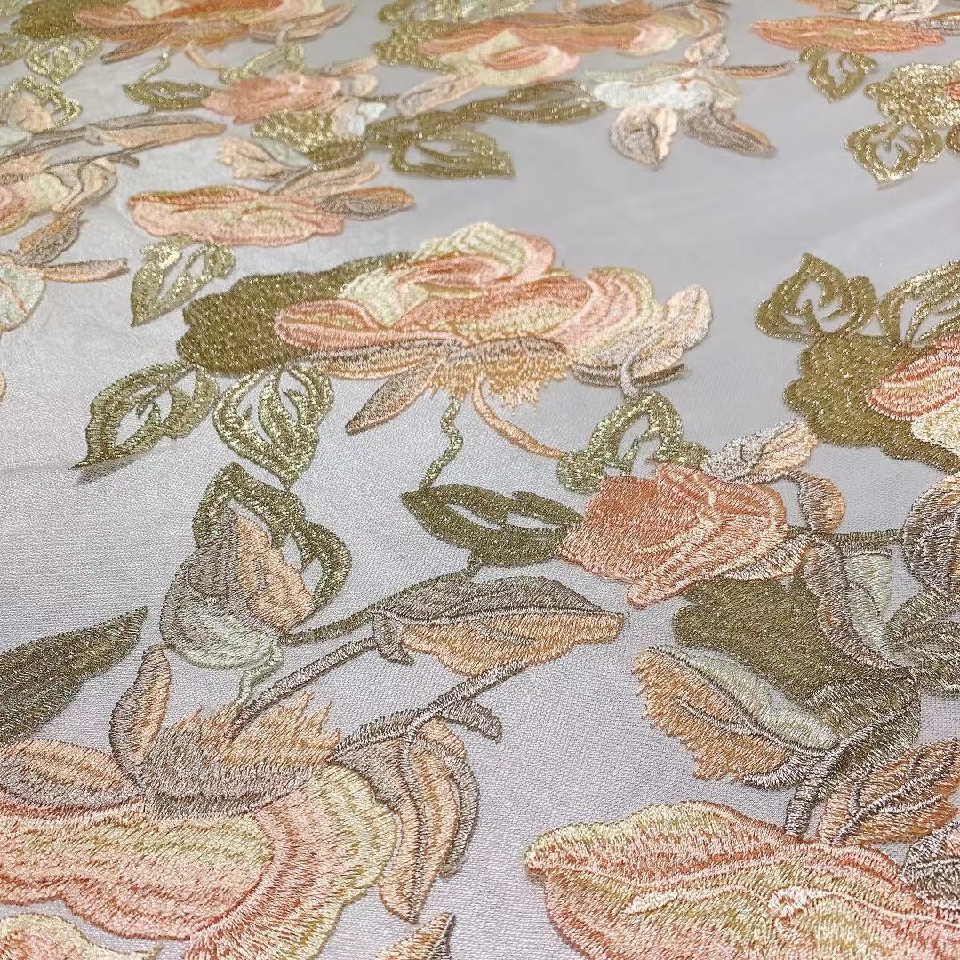 Multicolor Gold Thread Flower Mesh Embroidered Lace Fabric