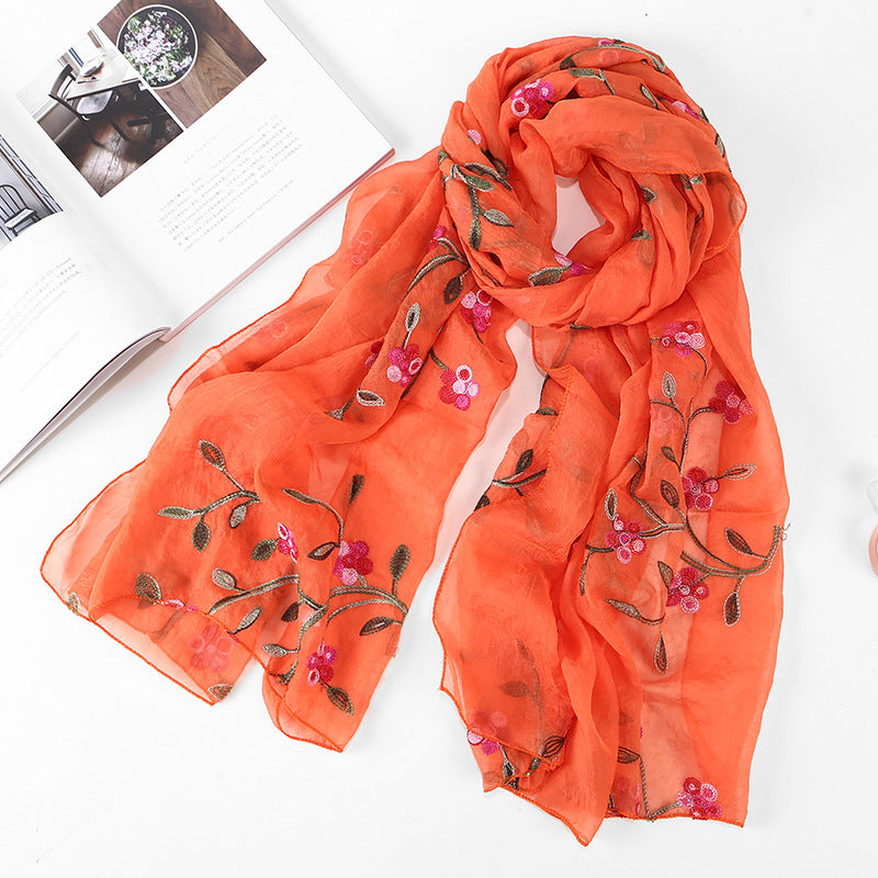 Women's Chiffon Flower Embroidered Silk Scarf Beach Shawl