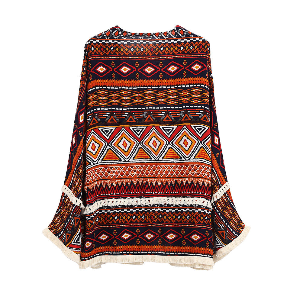 Bohemian print fringed cardigan top