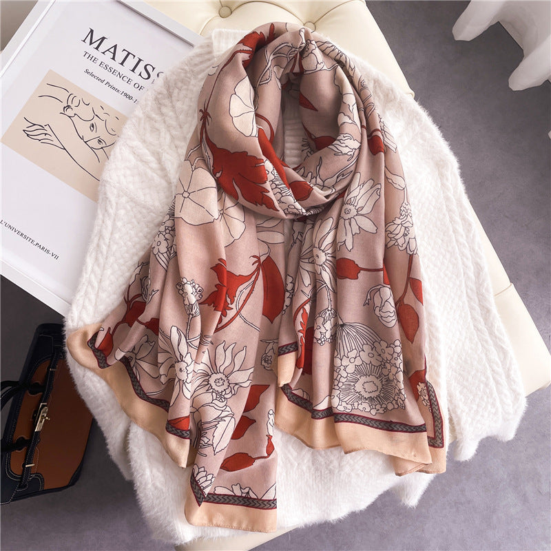 Elegant Floral Shawl In Cotton And Linen