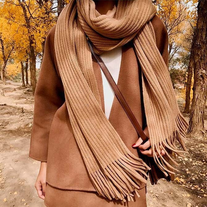 Thickened Warm Long Solid Color Tassel Knitted Wool Scarf
