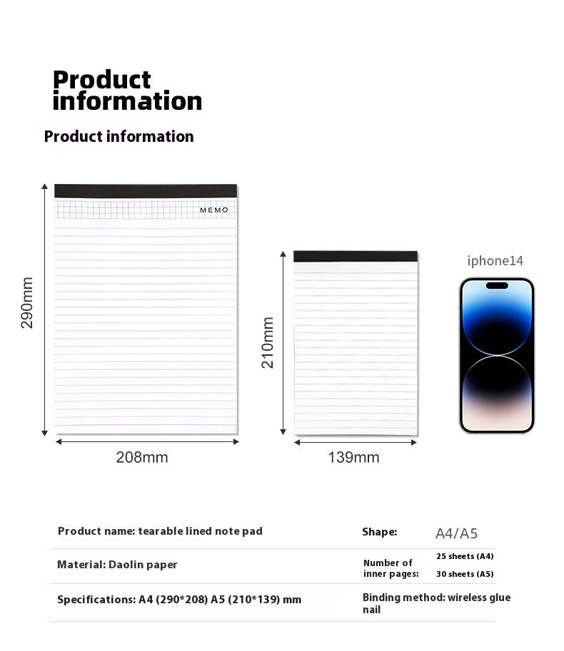 A4 Note Pad Meeting Minutes Tearable Notebook