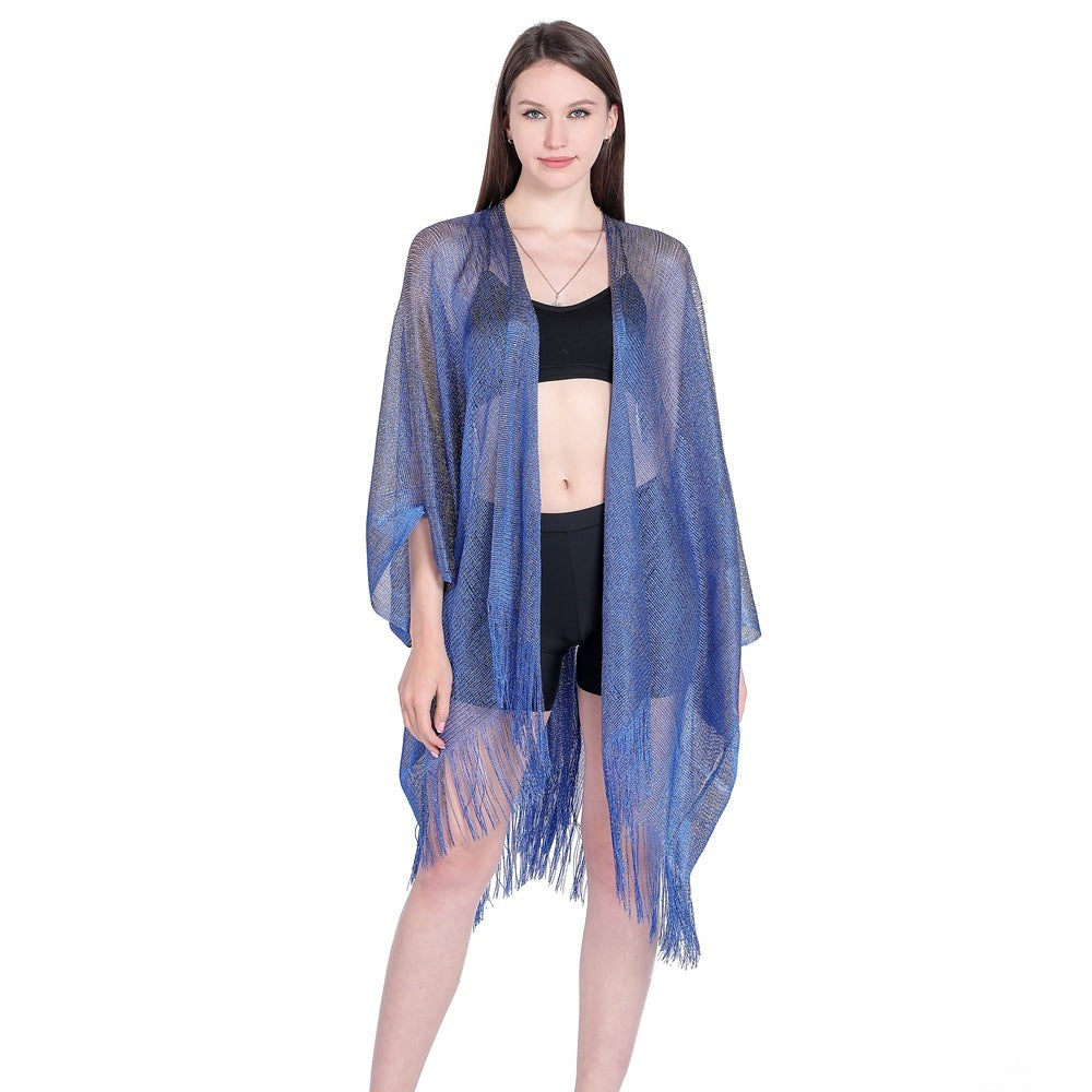 Gold And Silver Ribbon Sleeve Split Shawl Holiday Bikini Blouse Sunscreen Clothes