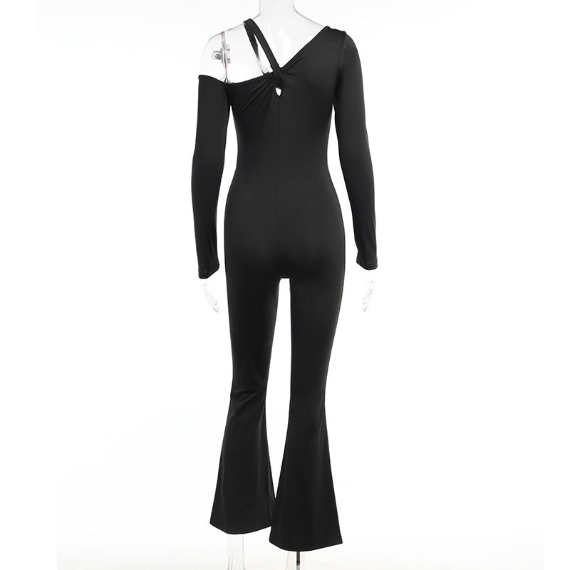 Asymmetrical Strapless Jumpsuit Women's Winter Slim Temperament Simple Flared Pants