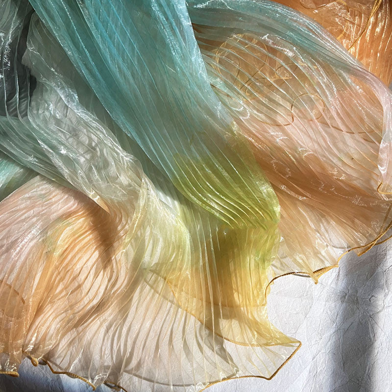 Blue Gradient Organ Pleated Large Wave Laser Organza Water Light Yarn Pleated Gown Fabric Designer Fabric