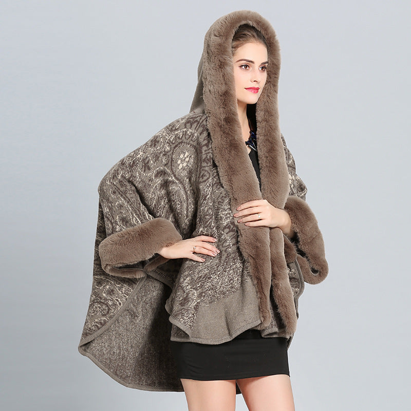 Autumn And Winter Hooded Shawl Cloak Fox Fur Collar All-match Woolen Coat